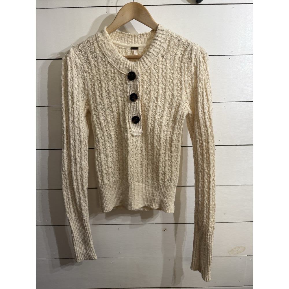 FREE‎ PEOPLE Official Women's "All My Friends" Cream Knit Henley Sweater Size XS